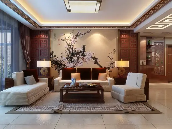 本案为新中式风格,整体以红樱桃为主,大多采用了现代花格与壁纸的结合