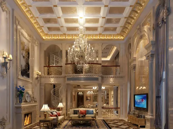 本案天花多用穹顶式天花吊顶,造型丰富,并且使空间感更强,墙身装饰