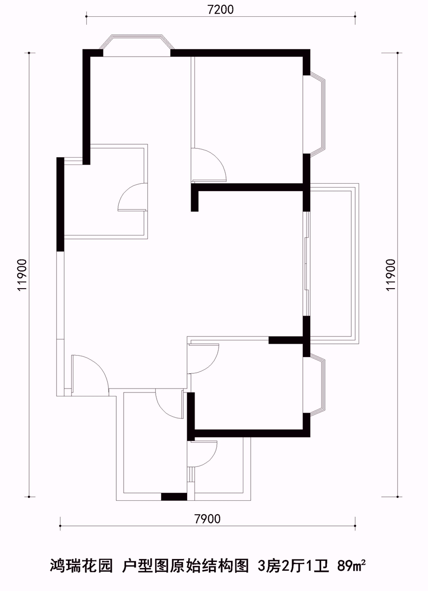 鸿瑞花园户型图原始结构图3房2厅1卫89m?