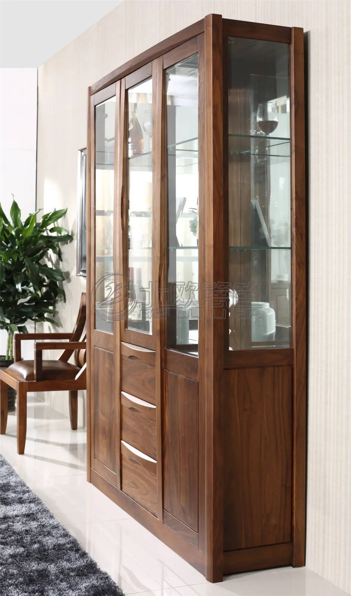 北欧篱笆bo-h-u01纯黑胡桃实木三门酒柜