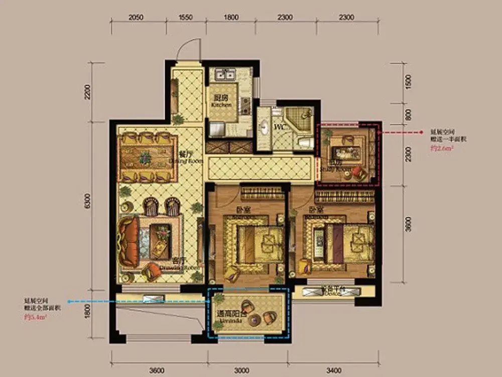 德信北海公园三居室—户型图该商户其他案例同户型同风格同价格更多 >