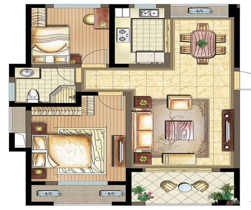 万宇名都花园-二居室-83.38平米-户型图装修效果图