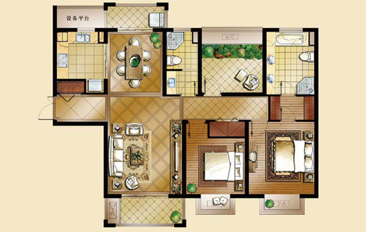 世茂运河城-二居室-128.00平米-装修设计