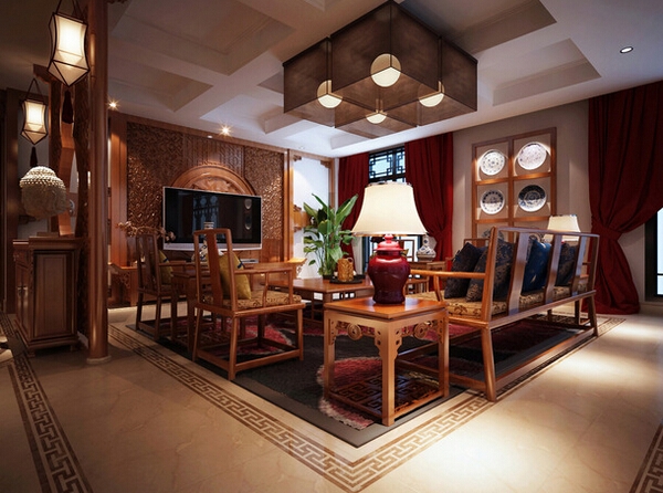 中式古典风格的室内设计,是在室内布置,线形,色调及家具,陈设的造型等