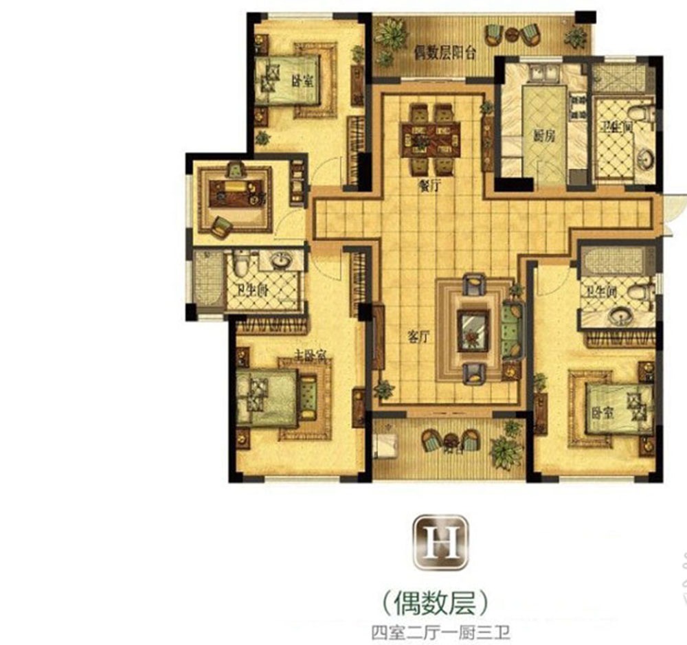 康恒悦麒美寓-东南亚风格-四居室-189平米